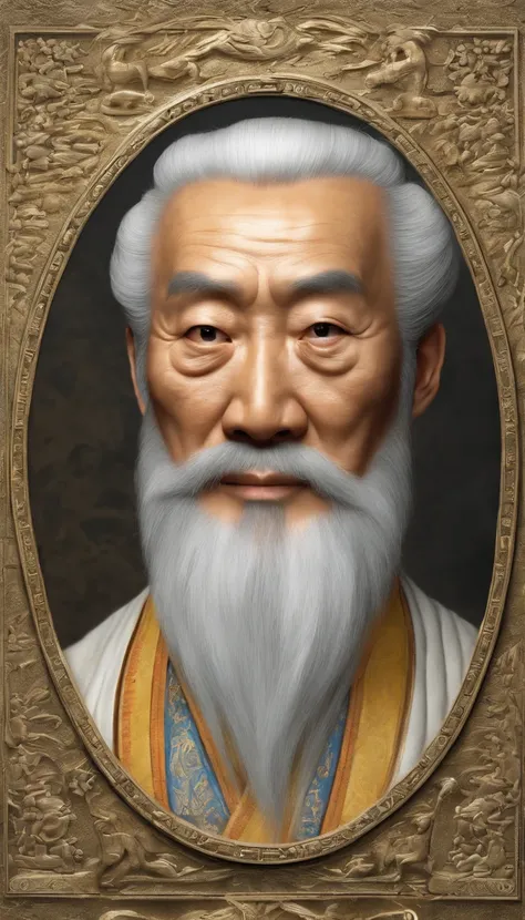 Old Man of the East，Frontal portrait of ancient Chinese figures（Portrait of Confucius 1.0），Audience visual inspection（facing at camera），White haired man，hair-bun，no headwear，Hair tied up。Golden clothes。Light yellow background（Drawing paper texture 1.5）。hyp...