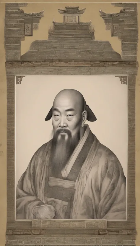 Old Man of the East，Frontal portrait of ancient Chinese figures（Portrait of Confucius 1.0），Audience visual inspection（facing at camera），White haired man，hair-bun，no headwear，Hair tied up。Golden clothes。Light yellow background（Drawing paper texture 1.5）。hyp...