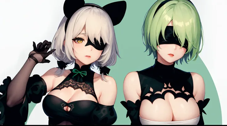 Yoha No. 2 Type B，1girl，wlop，（Blindfolded），nedium breasts，cleavage，cleavage cutout，clothing cutout，Green background，Hair between both eyes，shairband，A high resolution，Juliet sleeves，longer sleeves，nier（series），nier automata，Fluffy sleeves，Redlip，shaded fac...