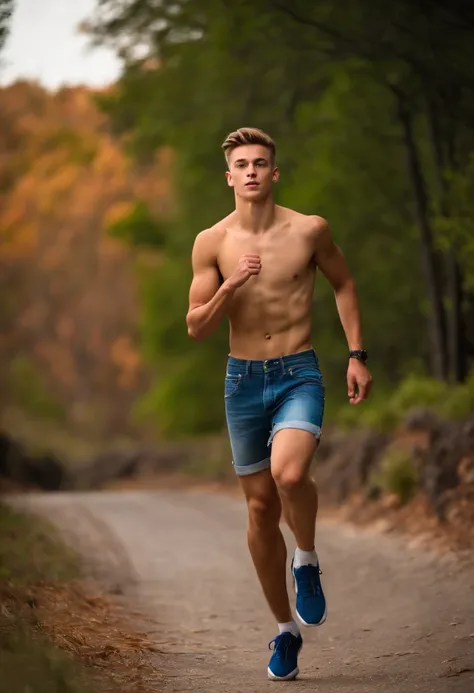 Shirtless 18yo slim athletic twink wearing jeans shorts. running