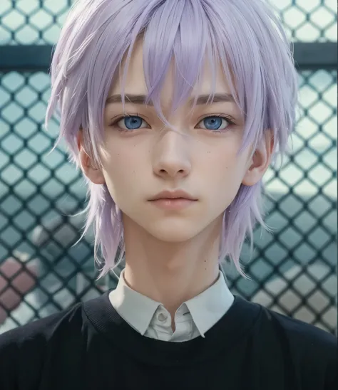 A teenage boy with realistic faded purple hair, (same realistic hairstyle), realistic handsome face, realistic cool expression, adapts equally realistic clothes,realistic light, realistic shadows, realistic background, good image quality, very good image r...