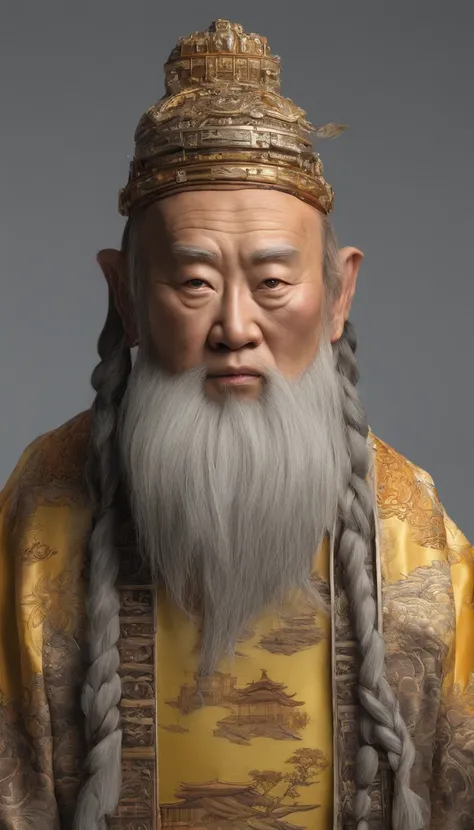 Old Man of the East，Frontal portrait of ancient Chinese figures（Portrait of Confucius 1.0），Audience visual inspection（facing at the camera），White haired man，hair-bun，no headwear，hair tying up。yellow clothing。solid color backdrop（Drawing paper texture 1.5）。...