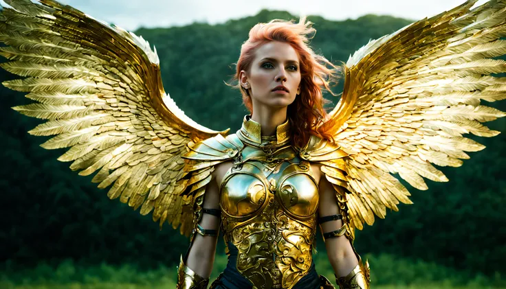 (wide angle),(Aetherpunk style:1.4),8k , ultra quality ,nature, pagan imagery, intricate detailed, beautiful valkyrie ,gold detailed holy gorgeous armor, intricate detailed wide angelic wings on her back,spreading angelic wings wide,utopia,magic,detailed,m...