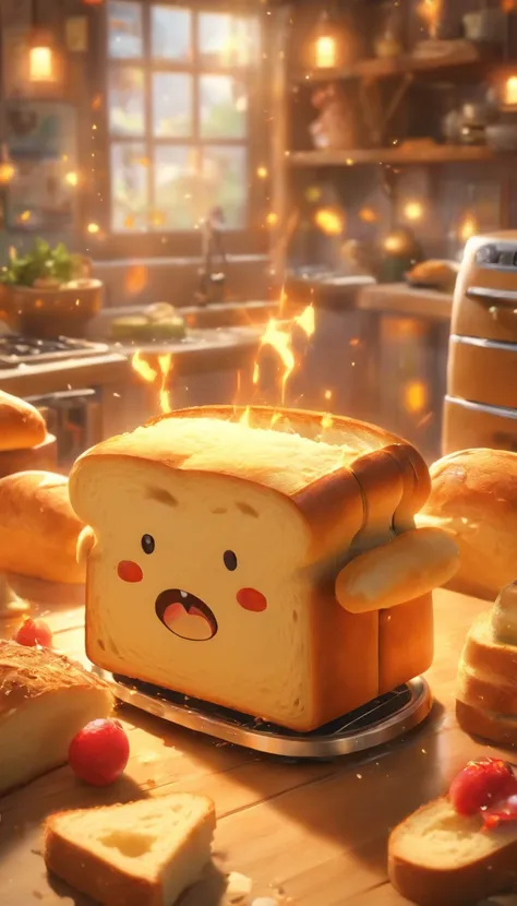 (masterpiece, best quality, ultra-detailed, 8k wallpaper, photorealistic), concept art, anthropomorpic bread toaster, a monstrous device, whimsical, menacing in the kitchen, cartoonish, vibrant