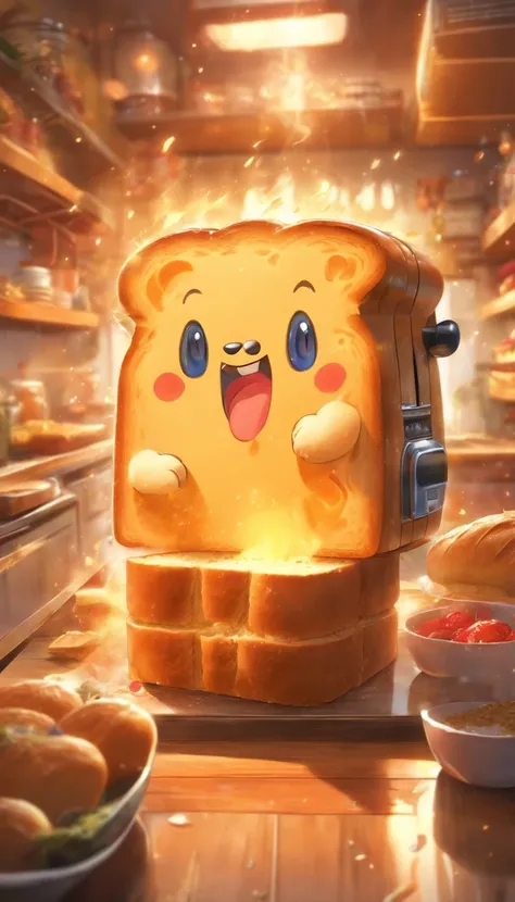 (masterpiece, best quality, ultra-detailed, 8k wallpaper, photorealistic), concept art, anthropomorpic bread toaster, a monstrous device, whimsical, menacing in the kitchen, cartoonish, vibrant