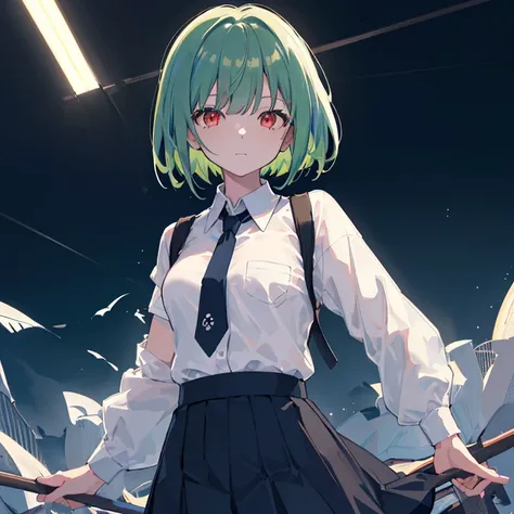 1girl in, 独奏, Lori, 小柄,(Night_skyporn), (very_Curta_Green_hair), Hairstyle Bob, (Red_Eyes), Medium_breasts, (white_Shirt:1.5), (windbreaker), (portlate), blazing_Eyes, The background is transparent, ((​masterpiece)), (Hi-Res), (best_quality), (highly_Detai...