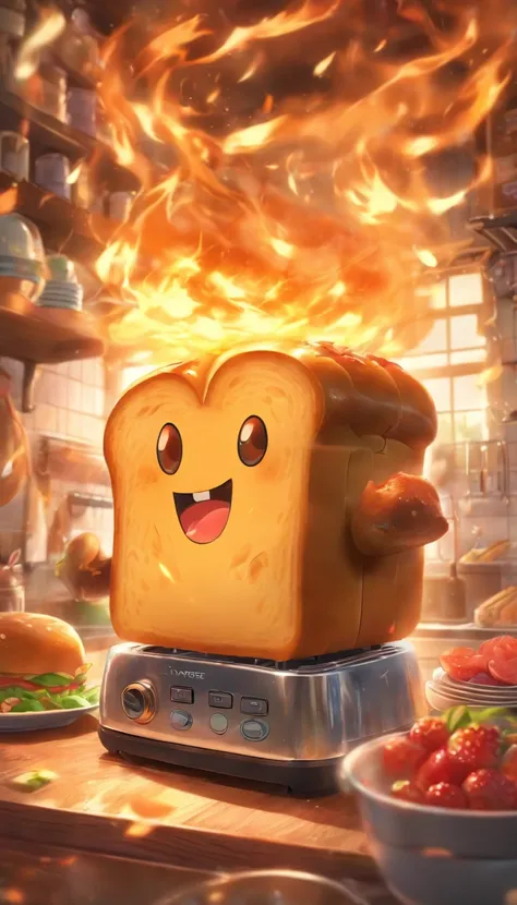 (masterpiece, best quality, ultra-detailed, 8k wallpaper, photorealistic), concept art, anthropomorpic toaster, a monstrous device, whimsical, menacing in the kitchen, cartoonish, vibrant