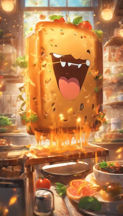 (masterpiece, best quality, ultra-detailed, 8k wallpaper, photorealistic), concept art, anthropomorpic toaster, a monstrous device, whimsical, menacing in the kitchen, cartoonish, vibrant