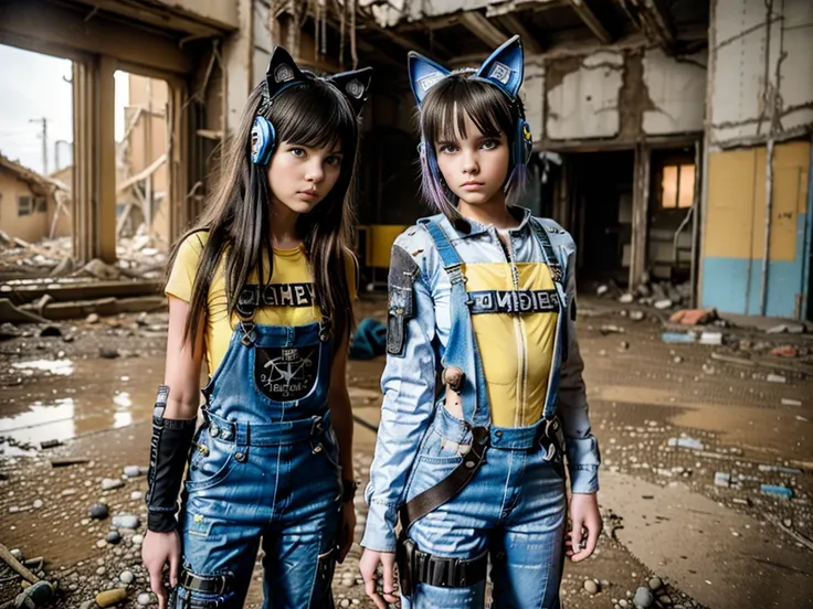 two 13 year old girls, dressed in cyberpunk overalls, one piece suits, light blue and yellow, with patches with radioactive emblems, in a apocalyptic ruin with guns next to them, cyberpunk helmets next to them, wearing Cat ears