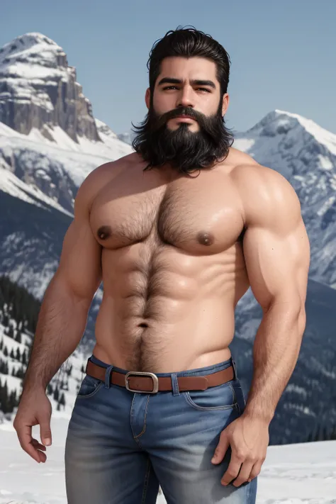 An illustration of a Greek god with a muscular build and a thick beard........., designed in modern western attire......... Tiene una camisa blanca y jeans........., con una gorra. His expression is confident and charming........., con un atisbo de sonrisa...