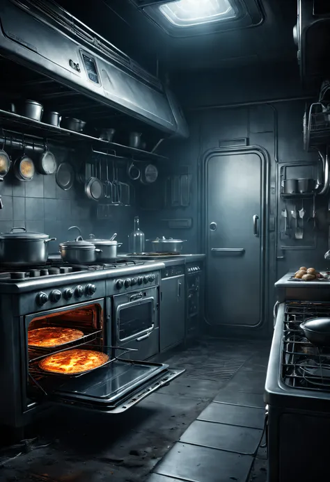 dennis ruston style，Creative product design，Very unified CG,（Alien electric oven），Complicated details，
Background with：kitchen wasteland, sci fi art, ，Excellent，Excellent，hyper realisitc，Thriller，