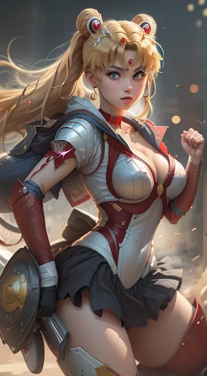 action pose, masterpiece, best quality, high resolution, A real life adaption of tsukino usagi, blonde hair, cyborg, battle armor, exquisite face, red eyes, symmetry, hyper realistic, RED and BLUE color, sfw