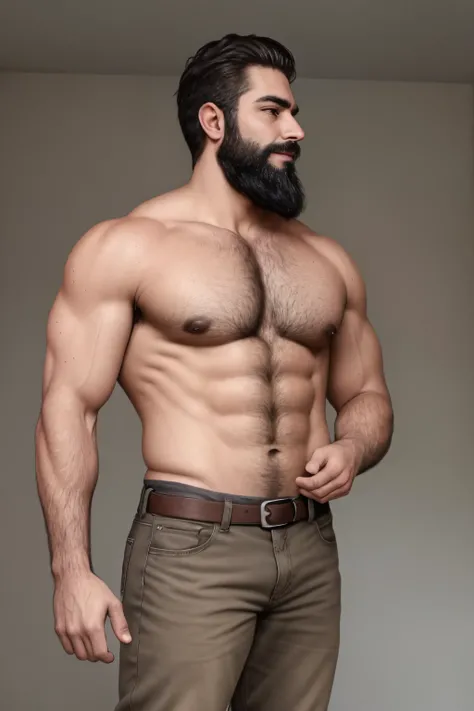 An illustration of a Greek god with a muscular build and a thick beard............, designed in modern western attire............ Tiene una camisa blanca y jeans............ His expression is confident and charming............, con un atisbo de sonrisa. Th...