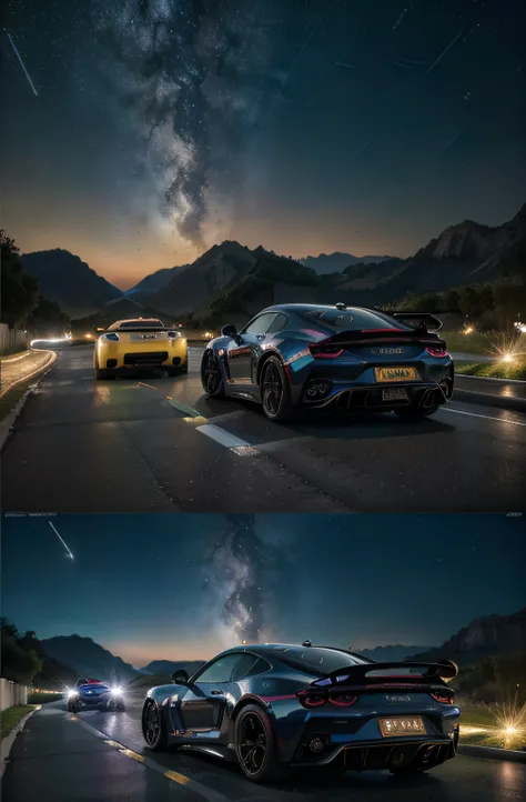 (masterpiece, best quality), high resolution, (8k resolution), (ultra detailed), The picture shows a car trail suspended in the starry sky, Two racing cars racing towards the camera, Super sports car, Plasma engine, Colorful planets and nebulae in the back...