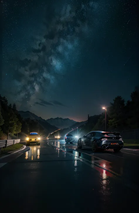 (masterpiece, best quality), high resolution, (8k resolution), (ultra detailed), The picture shows a car trail suspended in the starry sky, Two racing cars racing towards the camera, Super sports car, Plasma engine, Colorful planets and nebulae in the back...