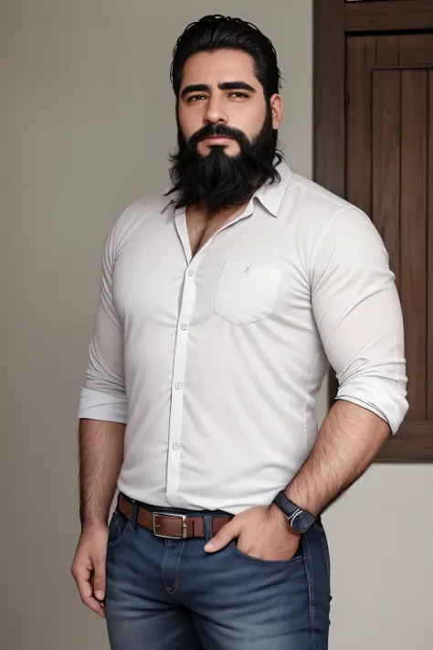 an illustration of a greek god with a thin build and a thick beard.............., designed in modern western attire................