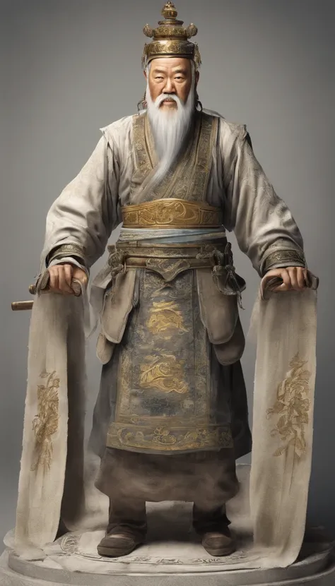 Old Man of the East，Frontal portrait of ancient Chinese figures（Portrait of Confucius 1.0），Audience visual inspection（facing at the camera），White haired man，hair-bun，no headwear，hair tying up。yellow clothing。solid color backdrop（Drawing paper texture 1.5）。...