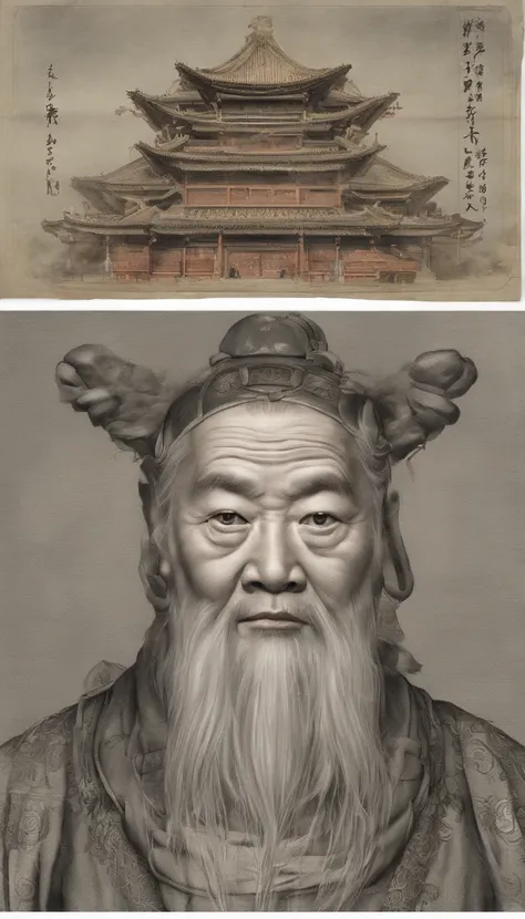 Old Man of the East，Frontal portrait of ancient Chinese figures（Portrait of Confucius 1.0），Audience visual inspection（facing at the camera），White haired man，hair-bun，no headwear，hair tying up。yellow clothing。solid color backdrop（Drawing paper texture 1.5）。...