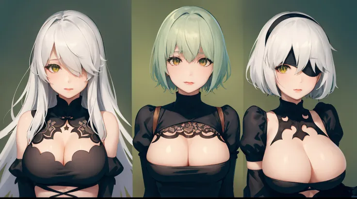 Yoha No. 2 Type B，1girl，wlop，（Blindfolded），nedium breasts，cleavage，cleavage cutout，clothing cutout，Green background，Hair between both eyes，shairband，A high resolution，Juliet sleeves，longer sleeves，nier（series），nier automata，Fluffy sleeves，Redlip，shaded fac...