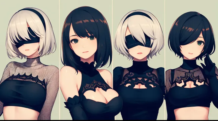 Yoha No. 2 Type B，1girl，wlop，（Blindfolded），nedium breasts，cleavage，cleavage cutout，clothing cutout，Green background，Hair between both eyes，shairband，A high resolution，Juliet sleeves，longer sleeves，nier（series），nier automata，Fluffy sleeves，Redlip，shaded fac...