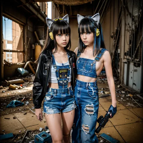 two 13 year old girls, dressed in cyberpunk overalls, one piece suits, light blue and yellow, with patches with radioactive embl...