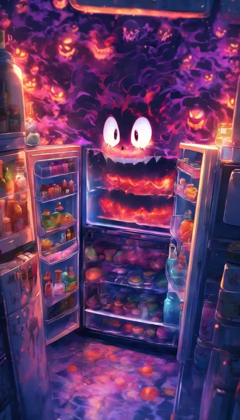 (masterpiece, best quality, ultra-detailed, 8k wallpaper, photorealistic), concept art, close-up shot, (spooky refrigerator), an evil device, ominous, menacing in the kitchen, cartoonish, vibrant