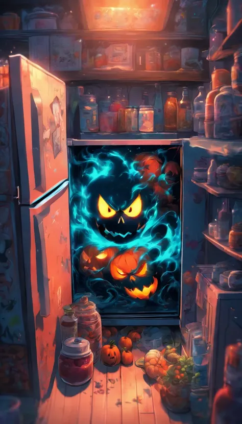 (masterpiece, best quality, ultra-detailed, 8k wallpaper, photorealistic), concept art, close-up shot, (spooky refrigerator), an evil device, ominous, menacing in the kitchen, cartoonish, vibrant