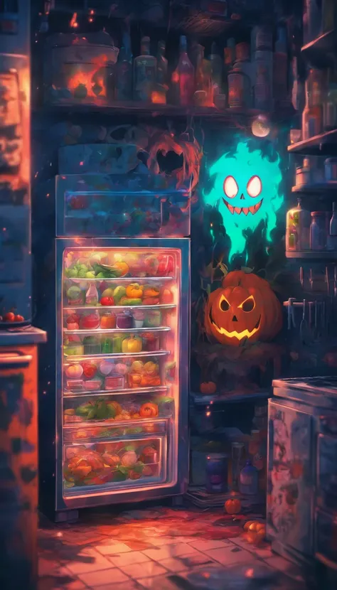 (masterpiece, best quality, ultra-detailed, 8k wallpaper, photorealistic), concept art, close-up shot, (spooky refrigerator), an evil device, ominous, menacing in the kitchen, cartoonish, vibrant