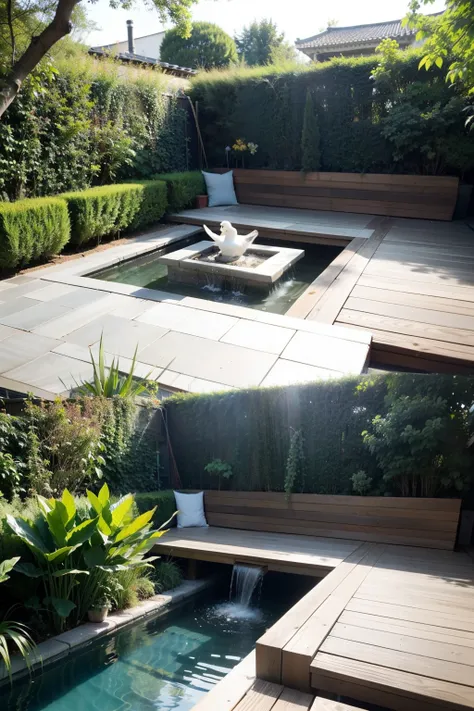 The courtyard design needs to take into account the modern style of the leisure platform in front of the flowing water feature wall and the flowing water bar。You can choose some concise、Sleek modern furniture，Pair it with comfortable chairs and sofas，Creat...