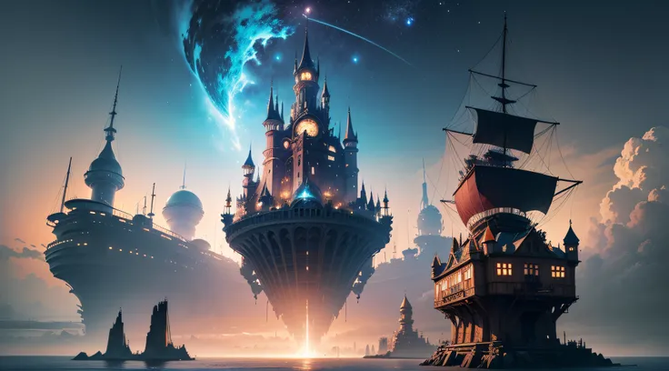 Space Magic Week， Magic concept art at night time， Vernadskys intellectual circle， The castle in the sky is built on a mobile mechanical spaceship of cyberpunk concept，Spaceships are the technology of the future，Tail disc light column jet，Can move around f...