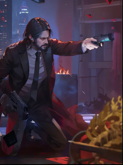 in a dimly lit room，dressed in a suit，man kneeling and shooting，from the new john wick movie, john wick, red fox, cinematic acti...