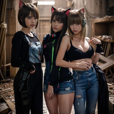 13 year old girls, dressed in cyberpunk overalls, one piece suits, light blue and yellow, with patches with radioactive emblems, in a apocalyptic ruin with guns next to them, cyberpunk helmets next to them, wearing Cat ears, hand guns on side, ripped cloth...