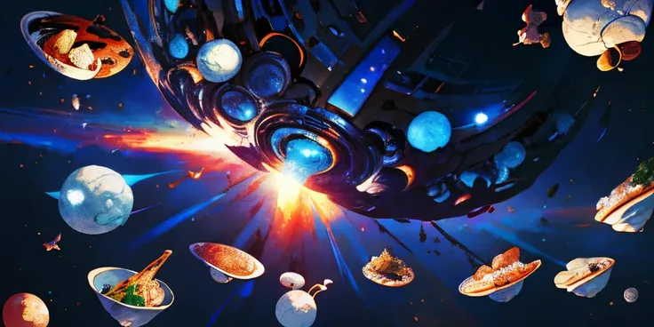 A cartoon image of a spaceship flying over a table of food, Amazing food illustration, A beautiful artistic illustration, Game illustration, mobile game background, background artwork, Stylized digital illustration, food particles, detailed 2d illustration...