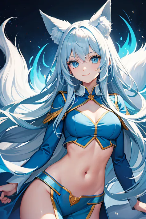 young girl, Long white hair, Cyan eyes, Fox ears, Superhero Uniform, Blue Flame, open belly,  neckline on the chest, ssmile, Masterpiece, hiquality