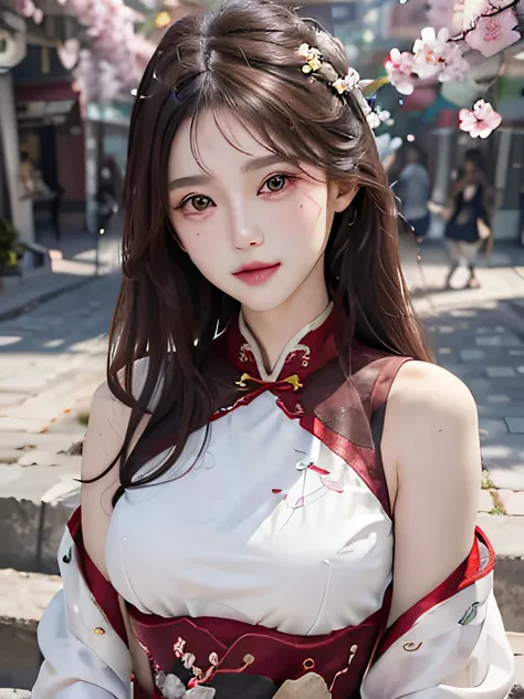 young woman wearing white hanfu，Nice face，accurate brunette，clean plum blossom background，character first point of view，Highlight the central position of the character，Heads-up lens，depth of fields, tmasterpiece, hyper HD，Ultra-fine details，high high quali...