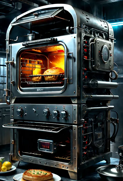 （Boya electric oven），Creative product design，Very unified CG，Complicated details， Background with：kitchen wasteland, sci fi art, ，Excellent，hyper realisitc，Thriller，dennis ruston style，