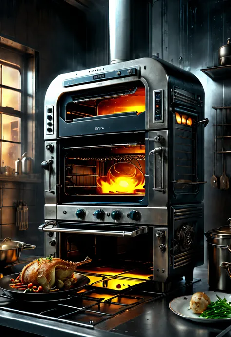 （Boya electric oven），Creative product design，Very unified CG，Complicated details， Background with：kitchen wasteland, sci fi art, ，Excellent，hyper realisitc，Thriller，dennis ruston style，