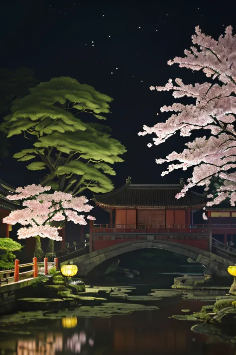 Microlandscape：1.8，Faraway view，High viewing angle lens），Antique game scene design，A corner of the ancient town of Jiangnan，Black night sky，natta，starrysky，lanterns，big trees，Flowers，Flowers in the bushes，trees blossom，Sakura architecture，Antique carved do...