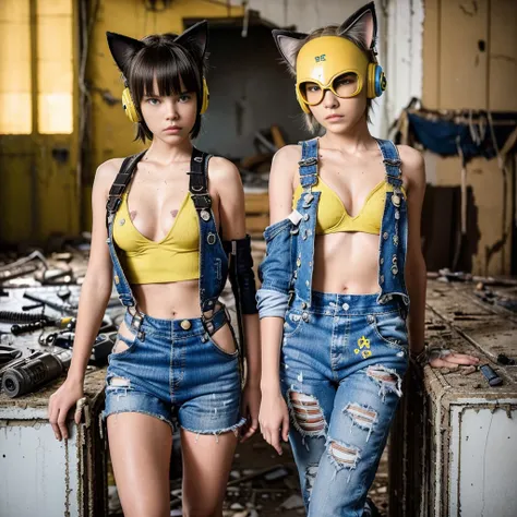 two 13 year old girls, dressed in cyberpunk overalls, one piece suits, light blue and yellow, with patches with radioactive emblems, in a apocalyptic ruin with guns next to them, cyberpunk helmets next to them, wearing Cat ears, hand guns on side, ripped c...