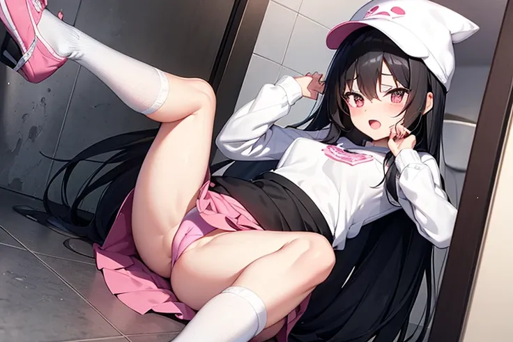 The woman has long black hair down to her waist, wears a cute pink hat, wears pink casual clothes and wears a fairly small skirt with white socks covering her legs up to her thighs, her expression looks like she is panicking and screaming, She is in the ba...