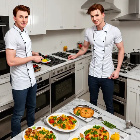 A Chris Evans lookalike is cooking, wearing nothing but playing games in white.