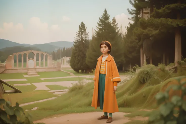 1965, Italy. Pre-raphaelite ((((10-year-old)) Momo)), homeless girl, very messy hair, oversized coat, barefoot, in a round roman anphitheatre, ruins, pinetrees in the distance, ((((big and unkempt Clothing from the 1960s)))), ((short curly Hairstyle of the...