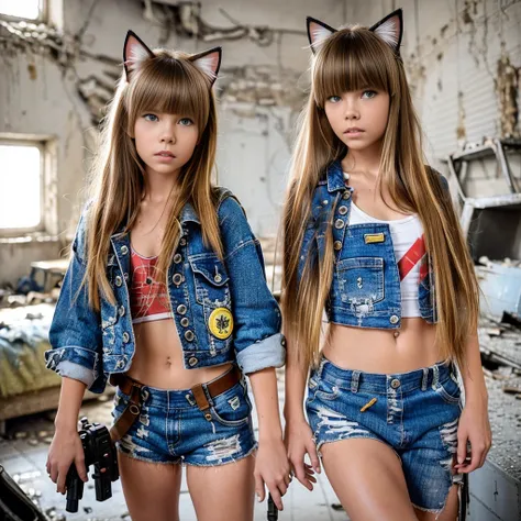 two 11 year old girls, dressed in cyberpunk overalls, one piece suits, light blue and yellow, with patches with radioactive embl...