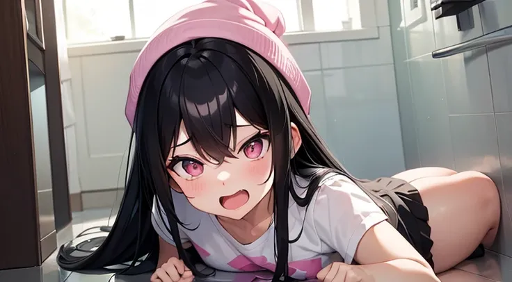 The woman has long black hair down to her waist, wears a cute pink hat, wears pink casual clothes and wears a fairly small skirt with white socks covering her legs up to her thighs, her expression looks like she is panicking and screaming, She is in the ba...