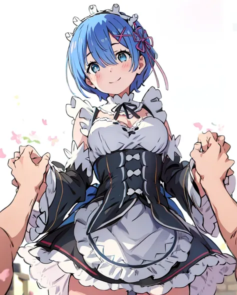 remrezero, 1girl in, yui, breastsout, look at viewr, red blush, They are smiling, short-haired, blue eyes, hair adornments, tape, blue hairs, outside of house, Separate sleeve, Hair above one eye, maid, Maid headdress, × hair ornament, Pink ribbon, Roswaal...