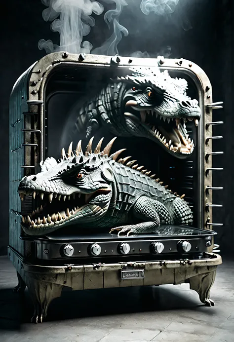 （Crocodile shaped double wall electric oven），（crocodile monster），goth style，punk，Creative product design，Very unified CG，Complicated details， Background with：kitchen wasteland, sci fi art, ，Excellent，hyper realisitc，Thriller，dennis ruston style，