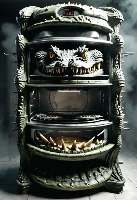 （Crocodile shaped double wall electric oven），（crocodile monster），goth style，punk，Creative product design，Very unified CG，Complicated details， Background with：kitchen wasteland, sci fi art, ，Excellent，hyper realisitc，Thriller，dennis ruston style，