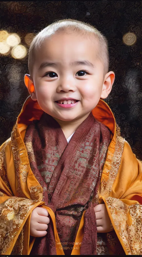 one in a robe、close-up of smiling baby, monk's robes, wearing brown robes, ruan jia beautiful!, brown robe, wearing a long flowi...