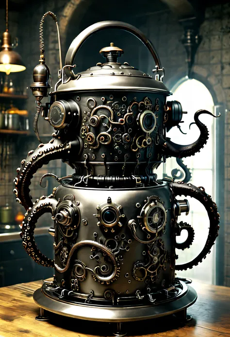 （double layered rice cooker in the shape of octopus），（crocodile monster），goth style，punk，creative product design，very unified cg...