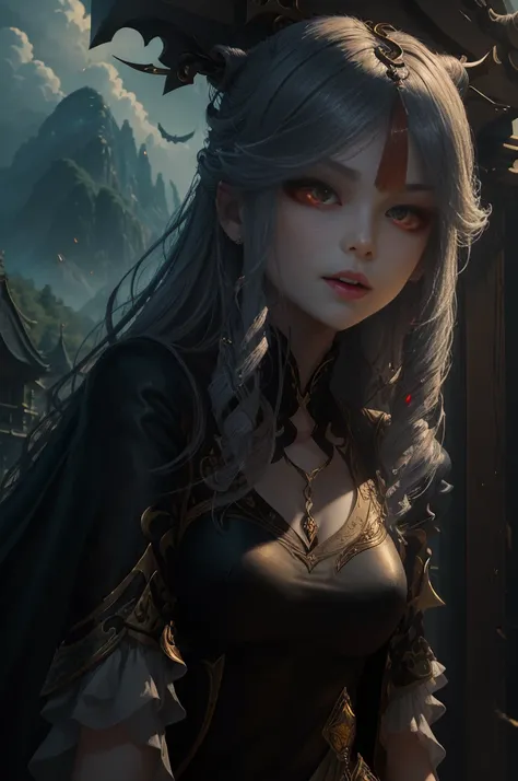 Vampire Girl , Masterpiece, ,(独奏:1.1), a perfect face, (vivid lighting:1.2),beautiful detail eyes, extremely detailed face, perfect  lighting,Masterpiece, Best Quality, 1girl, pale skin, hairlong, 20years old , red eyes, fangs, A glass of blood in his hand...